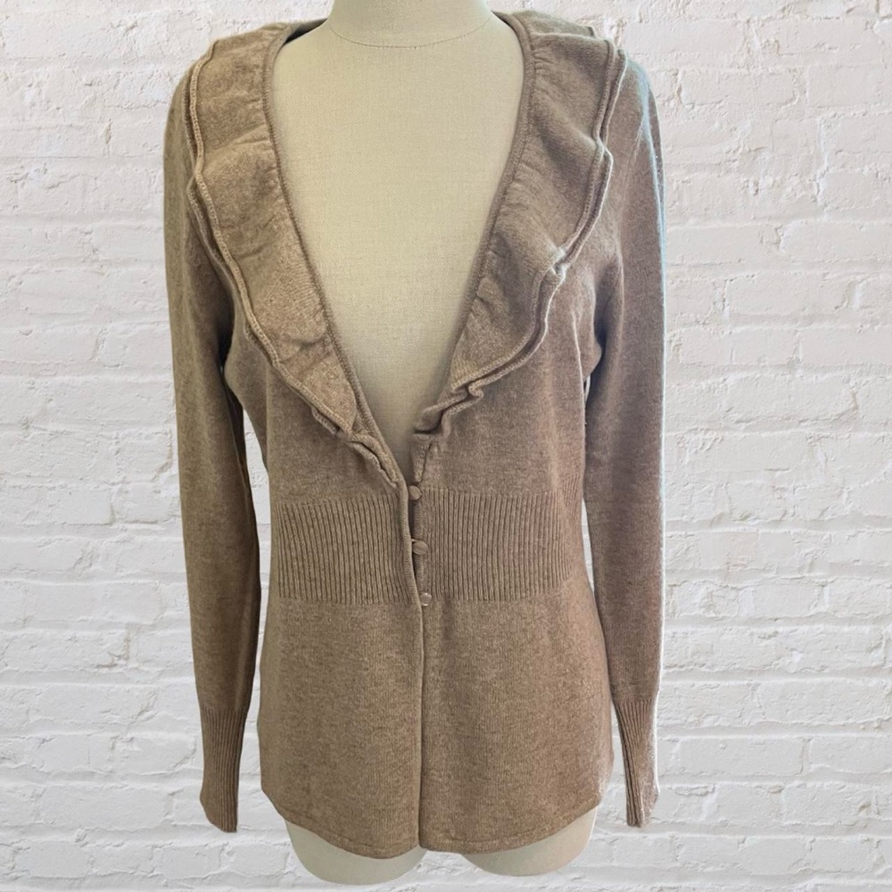 Avellini 100% Cashmere Cozy Tan Ruffle Cardigan Sweater Size Large
